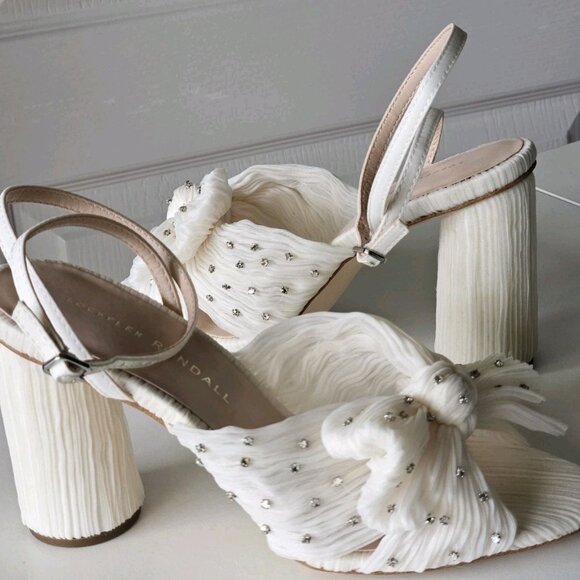 Loeffler Randall Camellia Pleated Bow Rhinestone Ivory Heels Sandals - Picture 5 of 14
